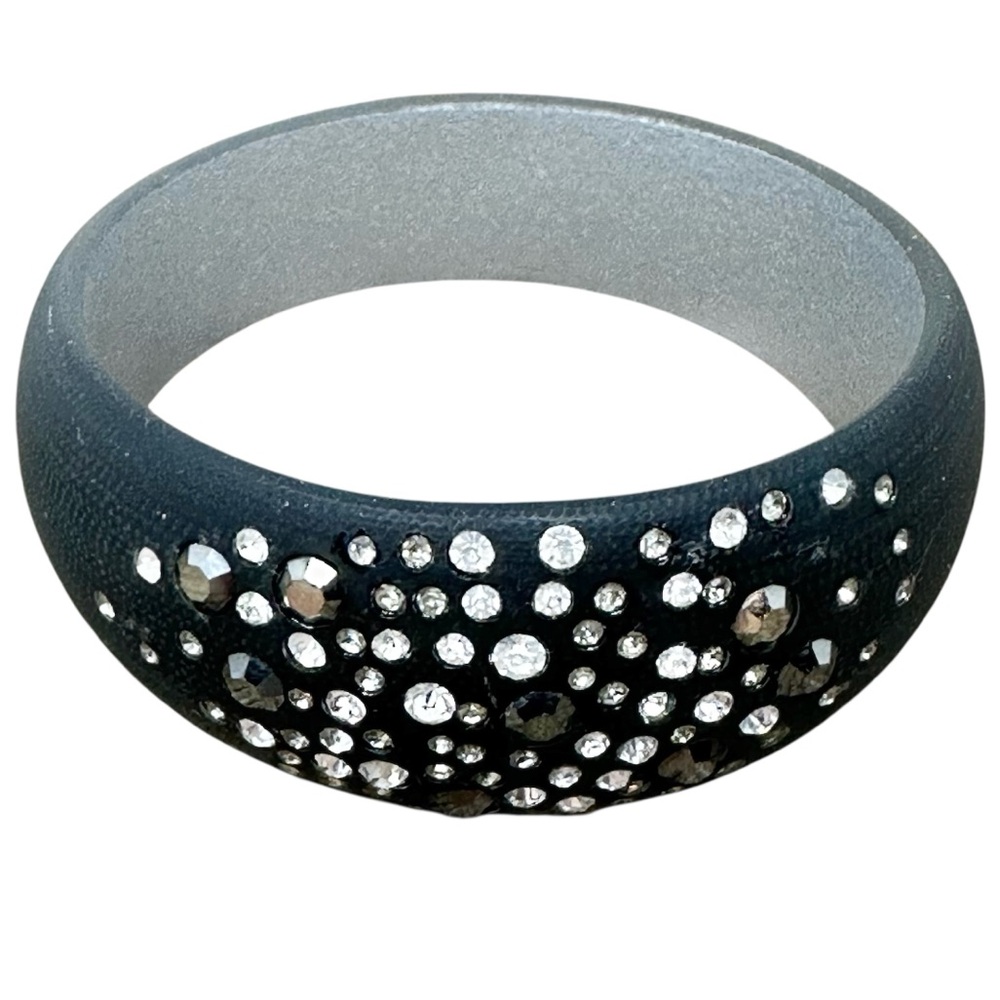 Black Acrylic Grey Clear Rhinestone Thick Bangle Bracelet